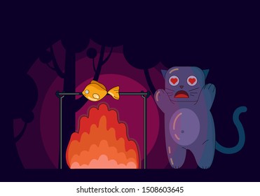 Vector cartoon illustration of a cute cat.Lovely kitten is dreaming about the fish.