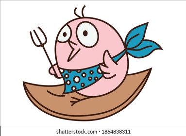 Vector cartoon illustration. Cute chick is holding a trident in hand. Isolated on white background.