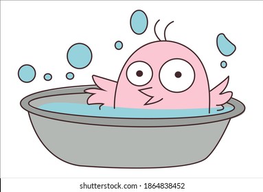 Vector cartoon illustration. Cute chick is bathing in a tub. Isolated on white background.	