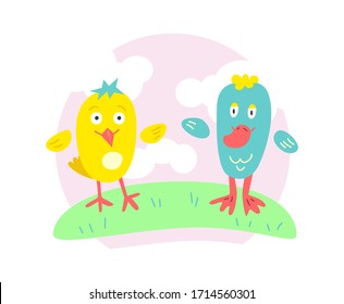 Vector cartoon illustration of a cute chicken and duckling
