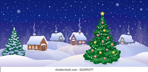 Vector Cartoon Illustration Of A Cute Christmas Night Scene With Decorated Tree And Snow Covered Cozy Village