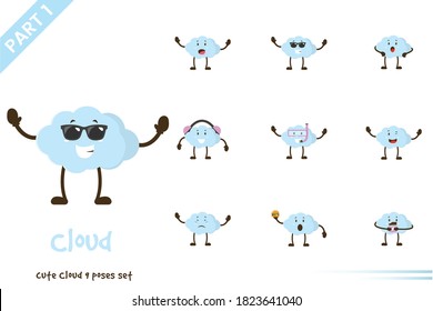 Vector cartoon illustration of cute cloud poses set. Isolated on white background.