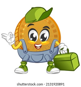 vector cartoon illustration of cute coin mascot being a handyman with his toolbox