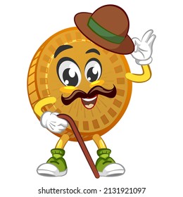 vector cartoon illustration of a cute coin mascot mustache wearing a round hat and carrying a level