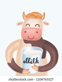 Vector cartoon illustration of cute cow cartoon hold bucket of milk in arms. Close up wiev character on white background.
