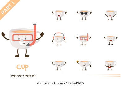 Dibujo vectorial de una linda taza posada. Aislado sobre fondo blanco.