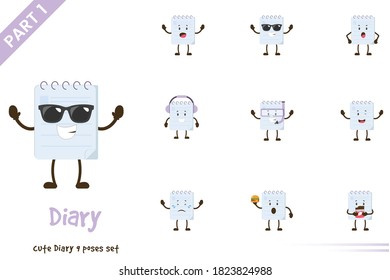 Ilustración de dibujos animados del juego de poses de cuadernos adorables. Aislado sobre fondo blanco.