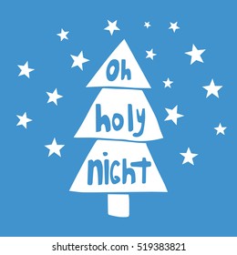Vector cartoon illustration, cute doodle hand drawn Christmas tree for holiday design. Happy New Year, Merry Christmas background. Texture green tree, lettering Holly Night. Vector card, invitation
