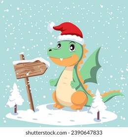 Vector cartoon illustration, a cute dragon stands near a wooden empty plate in a snowy forest. Any text can be placed on the sign.

