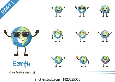 Vector cartoon illustration of cute earth poses set. Isolated on white background.