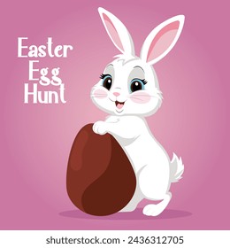 
Vector cartoon illustration of a cute Easter bunny with a big chocolate egg. Festive banner design for Easter egg hunt.
