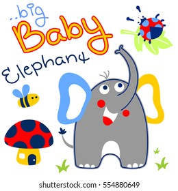 Vector cartoon illustration of cute elephant with bugs and mushroom