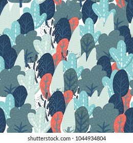 Vector cartoon illustration of Cute floral trees seamless pattern in vintage colors.