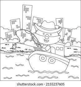 Vector cartoon illustration of cute fox fishing on sailboat with cartoon style. Childish design for kids activity colouring book or page.