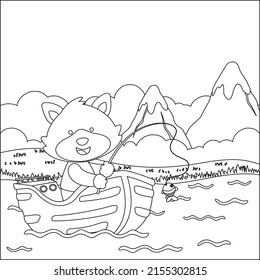 Vector cartoon illustration of cute fox fishing on sailboat with cartoon style. Childish design for kids activity colouring book or page.