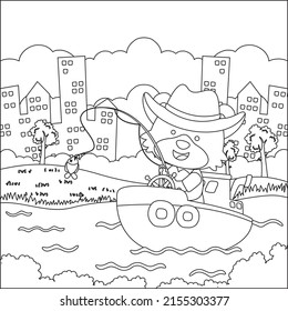 Vector cartoon illustration of cute fox fishing on sailboat with cartoon style. Childish design for kids activity colouring book or page.