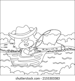 Vector cartoon illustration of cute fox fishing on sailboat with cartoon style. Childish design for kids activity colouring book or page.