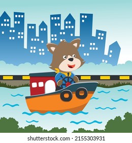 Vector cartoon illustration of cute fox fishing on sailboat with cartoon style. Can be used for t-shirt print, kids wear fashion design, fabric textile, nursery wallpaper and poster.