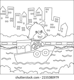 Vector cartoon illustration of cute fox fishing on sailboat with cartoon style. Childish design for kids activity colouring book or page.