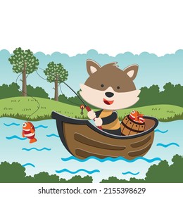 Vector cartoon illustration of cute fox fishing on sailboat with cartoon style. Can be used for t-shirt print, kids wear fashion design, fabric textile, nursery wallpaper and poster.