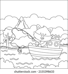 Vector cartoon illustration of cute fox fishing on sailboat with cartoon style. Childish design for kids activity colouring book or page.