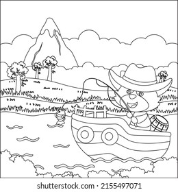 Vector cartoon illustration of cute fox fishing on sailboat with cartoon style. Childish design for kids activity colouring book or page.