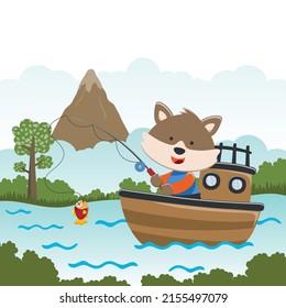 Vector cartoon illustration of cute fox fishing on sailboat with cartoon style. Can be used for t-shirt print, kids wear fashion design, fabric textile, nursery wallpaper and poster.