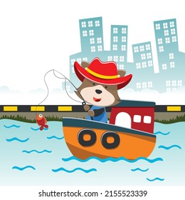 Vector cartoon illustration of cute fox fishing on sailboat with cartoon style. Can be used for t-shirt print, kids wear fashion design, fabric textile, nursery wallpaper and poster.