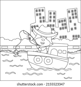 Vector cartoon illustration of cute fox fishing on sailboat with cartoon style. Childish design for kids activity colouring book or page.