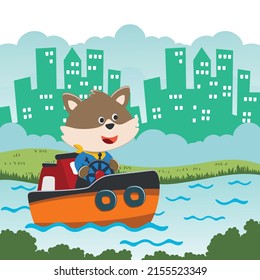 Vector cartoon illustration of cute fox fishing on sailboat with cartoon style. Can be used for t-shirt print, kids wear fashion design, fabric textile, nursery wallpaper and poster.