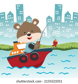 Vector cartoon illustration of cute fox fishing on sailboat with cartoon style. Can be used for t-shirt print, kids wear fashion design, fabric textile, nursery wallpaper and poster.