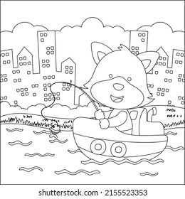 Vector cartoon illustration of cute fox fishing on sailboat with cartoon style. Childish design for kids activity colouring book or page.