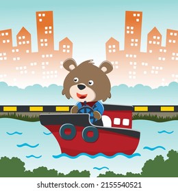 Vector cartoon illustration of cute fox fishing on sailboat with cartoon style. Can be used for t-shirt print, kids wear fashion design, fabric textile, nursery wallpaper and poster.