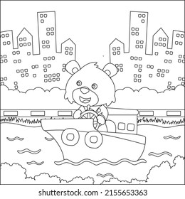 Vector cartoon illustration of cute fox fishing on sailboat with cartoon style. Childish design for kids activity colouring book or page.