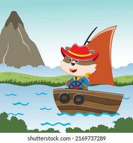 Vector cartoon illustration of cute fox sailing on sailboat with cartoon style. Can be used for t-shirt print, kids wear fashion design, fabric textile, nursery wallpaper and poster.