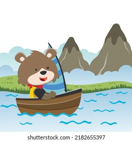 Vector cartoon illustration of cute fox sailing on sailboat with cartoon style. Can be used for t-shirt print, kids wear fashion design, fabric textile, nursery wallpaper and poster.