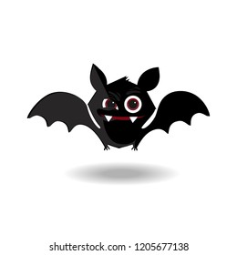Vector cartoon illustration of cute friendly black bat character, flying with wings spread, in cartoon style isolated on white background. Halloween clip art for greeting card or invitation design.