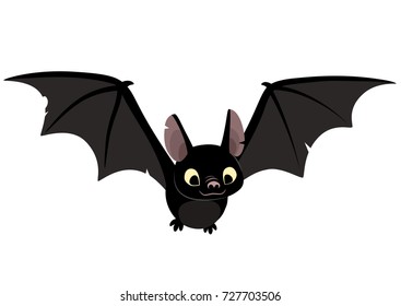 Vector cartoon illustration of cute friendly black bat character, flying with wings spread, in flat contemporary style isolated on white.