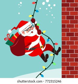 Vector Cartoon Illustration Of Cute Friendly Santa Claus Climbing A Rope Of String Christmas Lights Up Brick Wall Carrying Bag Of Gifts. Funny Humorous Winter Holiday Flat Style Design Element.