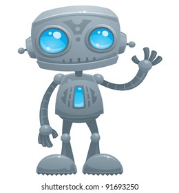 Vector cartoon illustration of a cute and friendly robot with blue eyes waving hello.