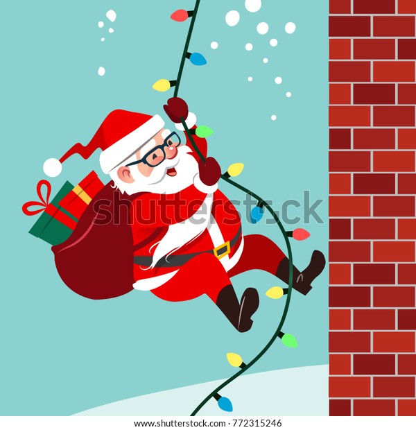 かわいい友好的なサンタクロースがひものロープを登る様子を描いたベクターイラスト クリスマスのライトで 贈り物の袋を持つれんがの壁を飾ります ユーモラスな冬のホリデーフラットスタイルデザインエレメント のベクター画像素材 ロイヤリティフリー