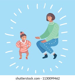 Vector cartoon illustration of Cute funny happy baby making his first steps, mother holding her hands supporting by learning to walk.