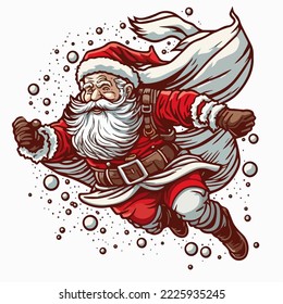 Vector cartoon illustration of cute funny flying  Santa Claus. wearing cape, flying through the air. santa with wings flying. Santa coming air, retro, vintage isolated, copy space design assest.