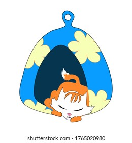 Vector cartoon illustration. Cute ginger kitten sleeps in a cat house. Isolated on a white background. The house is bright blue with large yellow flowers.