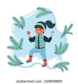 Vector cartoon illustration of cute girl play with snowballs.