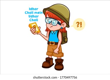 Vector cartoon illustration. Cute girl is wearing a bag and holding the phone in hand. Idhar chali mein udhar chali Hindi text translation - Went here and there. Isolated on white background.