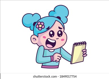 Vector cartoon illustration. Cute girl is shocked by reading a notepad. Isolated on a white background.