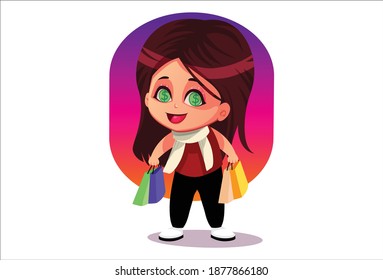 Vector cartoon illustration. Cute girl is holding shopping bags. Isolated on white background.