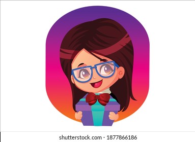 Vector cartoon illustration. Cute girl is holding a gift box in hand. Isolated on white background.