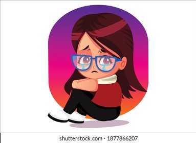 Vector cartoon illustration. Cute girl is crying. Isolated on white background.